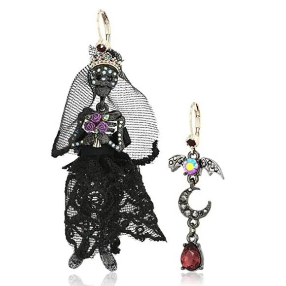 Betsey Johnson Dark Magic Skeleton Bride Bat Moon Black Dress Mismatch Earrings - Picture 1 of 4